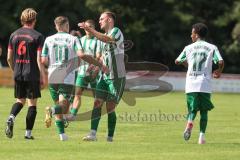Landesliga - Saison 2025/26 - SV Manching - FC Sonthofen - Luca Bienek (Nr.16 - SV Manching) mit dem 1:2 Anschlusstreffer - jubel - Maximilian Eberwein (Nr.4 - SV Manching) - Sebastian Graßl (Nr.10 - SV Manching) - Foto: Meyer Jürgen
