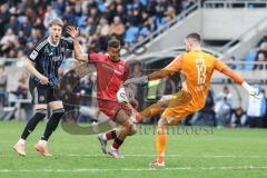 3. Liga; 1. FC Saarbrücken - FC Ingolstadt 04; Torchance verpasst Marcel Costly (22, FCI) Torwart Menzel Phillip (13 FCS) Bichsel Joel (27 FCS)