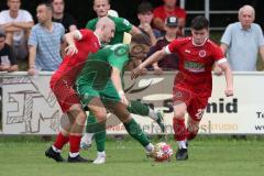 Landesliga - Saison 2024/25 - SV Manching - FSV Pfaffenhofen - Sebastian Waas rot rechts Pfaffenhofen - Fabian Neumayer (Nr.9 - SV Manching) Michael Senger rot rechts Pfaffenhofen - XXXXX - Foto: Meyer Jürgen