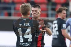 3. Liga - Saison 2024/25 - FC Ingolstadt 04 - 1. FC Saarbrücken - XXXXX - XXXXX - Foto: Meyer Jürgen - jubel nach dem Spiel - Mladen Cvjetinovic (Nr.19 - FCI) - Max Plath (Nr.14 - FCI)