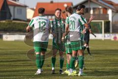 Landesliga - Saison 2025/26 - SV Manching - TSV Schwabmünchen - Marcel Posselt (Nr.12 - SV Manching) mit dem 1:1 Ausgleichstreffer - jubel  - Leon Peric (Nr.20 - SV Manching) - Johannes  Dexl (Nr.13 - SV Manching) - Foto: Meyer Jürgen