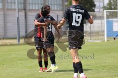 Bayernliga Nord - Saison 2024/25 - FC Ingolstadt 04 II - TSV Karlburg - Der 1:0 Führungstreffer durch Micah Ham (Nr.25 - FCI U21) - jubel - Johann Chirinos (Nr.13 - FCI U21) - XXXXX - Foto: Meyer Jürgen