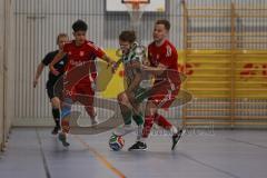 Lotto Bayern Hallencup - Saison 2024/25 - Türkisch SV Ingolstadt - SV Manching - Finale - Daniel Schweiger grün Manching - Ahmet Altay rot Türkisch - Johann Rybalko rot Türkisch rechts - Foto: Meyer Jürgen