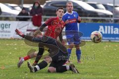 Kreisliga - Saison 2025/26- TSV Kösching - SV Zuchering - Jonas Betz blau Kösching - Leander Friedl rot Zuchering mit dem 0:1 Führungstreffer - jubel - Michael Zimmermann Torwart Kösching - Foto: Meyer Jürgen