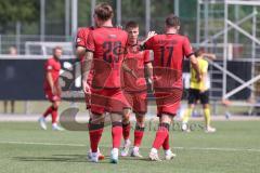 * Testspiel - Saison 2025/26 - FC Ingolstadt 04 - SpVgg Bayreuth - Julian Kügel (Nr.29 - FC Ingolstadt 04) mit einem Tor - jubel -  Christensen Gustav (Nr.24 - FC Ingolstadt 04) - Max Besuschkow (Nr.17 - FC Ingolstadt 04) - Foto: Meyer Jürgen