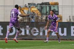 3. Liga - Saison 2026/27 - SC Preussen Münster - FC Ingolstadt 04 - Der 1:1 Ausgleichstreffer durch Emre Gül (Nr.5 - FCI) - jubel - Obed Ugondu (Nr.17 - FCI)- Foto: Meyer Jürgen