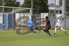 Bayernliga Nord - Saison 2024/25 - FC Ingolstadt 04 II - TSV Karlburg - Der 1:0 Führungstreffer durch Micah Ham (Nr.25 - FCI U21) - Jonas Leibold weiss Karlburg - jubel - Leon Zwickl Torwart Karlburg - XXXXX - Foto: Meyer Jürgen