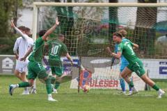 Landesliga - Saison 2024/25 - SV Manching - FC Kempten -  Der 1:0 Führungstreffer durch - Simon Berger (Nr.5 - SV Manching) - jubel - Krieger Adrian #13 Kempten - Siebken Christoph Torwart Kempten - Seifert Alexander #17 Kempten - Foto: Meyer Jürgen
