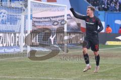 3. Liga - Saison 2025/26 - Hansa Rostock - FC Ingolstadt 04  -  Der 0:3 Führungstreffer durch - Marcel Costly (Nr.22 - FCI) - jubel - Simon Lorenz (Nr.32 - FCI) geht zu den Fans - Foto: Meyer Jürgen
