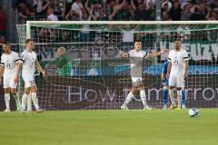 3.Liga - Saison 2023/2024 - Preußen Münster - FC Ingolstadt 04 - Der 1:2 Führungstreffer durch Malik Batmaz (Nr.23 - Preussen Münster) - jubel - Torwart Marius  Funk (Nr.1 - FCI) schreit  - wütend - - Leon Guwara (Nr.6 - FCI) -  - Foto: Meyer Jürgen