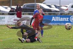 Kreisliga - Saison 2025/26- TSV Kösching - SV Zuchering - Jonas Betz blau Kösching - Leander Friedl rot Zuchering mit dem 0:1 Führungstreffer - jubel - Michael Zimmermann Torwart Kösching - Foto: Meyer Jürgen