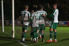 Landesliga - Saison 2025/26 - SV Manching - TSV Aindling - Der 1:0 Führungstreffer durch Luca Bienek (Nr.16 - SV Manching) - jubel  - Rainer Meisinger (Nr.8 - SV Manching)  - Sebastian Graßl (Nr.10 - SV Manching) - Fabian  Neumayer (Nr.9 - SV Manching) - 