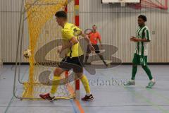 Lotto Bayern Hallencup - Lindenkreuzhalle Saison 2024/25 - FC Hitzhofen - SV Manching - Thomas Geisler TW Manching - Tobias Dietze gelb Hitzhofen mit einem Tor - jubel -  - Foto: Meyer Jürgen