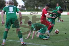 Landesliga - Saison 2024/25 - SV Manching - FSV Pfaffenhofen - Luca Oehler (Nr.3 - SV Manching) - Michael Senger rot Pfaffenhofen - Stefan Müller (Nr.7 - SV Manching) - Foto: Meyer Jürgen