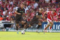 3. Liga - Saison 2025/26 - Energie Cottbus - FC Ingolstadt 04  - Mads Borchers (Nr.9 - FC Ingolstadt 04) - Yannick  Deichmann (Nr.20 - FC Ingolstadt 04) - Foto: Meyer Jürgen