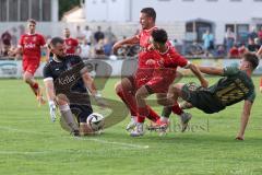 Toto - Pokal - Saison 2024/25 - TSV Lohr - FC Ingolstadt 04 - Niclas Dühring (Nr.18 - FCI) - Alessandro Englert (Nr.17 - TSV Lohr) - Torwart Okkes Karakurt (Nr.1 - TSV Lohr) - Foto: Meyer Jürgen