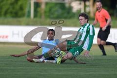 Landesliga - Saison 2025/26 - SV Manching - SV Cosmos Aystetten - Timo Jung (Nr.21 - SV Manching) - Raphael Marksteiner blau Aystetten - Foto: Meyer Jürgen