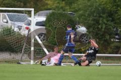 Bezirksliga - Saison 2025/26- TSV Gaimersheim - ASV Dachau - Simon Bellinghausen (Nr.15 - TSV Gaimersheim) - Torwart Sebastian Hirschbeck (Nr.1 - TSV Gaimersheim) -  - Matthias Cebulla blau Dachau - Foto: Meyer Jürgen