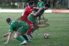 Landesliga - Saison 2024/25 - SV Manching - FSV Pfaffenhofen - Luca Oehler (Nr.3 - SV Manching) - Michael Senger rot Pfaffenhofen - Stefan Müller (Nr.7 - SV Manching) - Foto: Meyer Jürgen