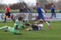 Kreisliga - Saison 2024/25- SV Hundszell - SV Menning -  - Simon Wolfsfellner blau Menning - Leon Drees weiss Hundszell - Lucas Steinbach Torwart Hundszell - Foto: Meyer Jürgen