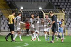 Toto-Pokal 2024; TürkGücü München - FC Ingolstadt 04; Tor Jubel Treffer 0:2, Pascal Testroet (37, FCI) Torwart Schmid, Julius (1 TGM) Benjamin Kanuric (8, FCI) Marcel Costly (22, FCI) Mladen Cvjetinovic (19, FCI)