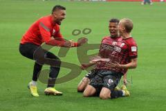 3.Liga - Saison 2022/2023 - FC Ingolstadt 04 -  - SV Waldhof-Mannheim - Tobias Bech (Nr.11 - FCI) trifft zum 1:0 Führungstreffer - Jubel - Marcel Costly (Nr.22 - FCI) - Pascal Testroet (Nr.37 - FCI) - Foto: Meyer Jürgen