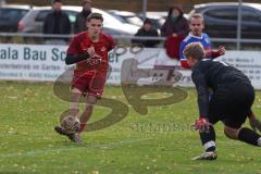 Kreisliga - Saison 2025/26- TSV Kösching - SV Zuchering - Jonas Betz blau Kösching - Leander Friedl rot Zuchering mit dem 0:1 Führungstreffer - jubel - Michael Zimmermann Torwart Kösching - Foto: Meyer Jürgen