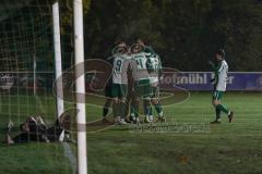 Landesliga - Saison 2025/26 - SV Manching - TSV Hollenbach - Der 3:0 Führungstreffer durch Rainer Meisinger (Nr.8 - SV Manching) - jubel - Hartmann Florian Torwart Hollenbach - Foto: Meyer Jürgen