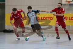 Lotto Bayern Hallencup - Saison 2024/25 - Türkisch SV Ingolstadt - TSV Ober./Unterhaunstadt- Angelo Boharu grau Ober./Unterhaunstadt  - Enis Kuqanaj rot Türkisch - Onur Keskin rot Türkisch rechts - Foto: Meyer Jürgen