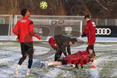 3. Liga - Saison 2025/26 - FC Ingolstadt 04 - Trainingsauftakt nach der Winterpause - Linus Rosenlöcher (Nr.19 - FCI) - Jasper Maljojoki (Nr.23 - FCI) - Dennis Kaygin (Nr.10 - FCI) beim Liegestützen machen - Foto: Meyer Jürgen