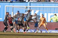3. Liga; FC Hansa Rostock - FC Ingolstadt 04; Torwart Boevink Pelle (26 FCI) unter Druck Haugen Sigurd (18 HR) Max Plath (14 FCI) Ryan Malone (16, FCI)
