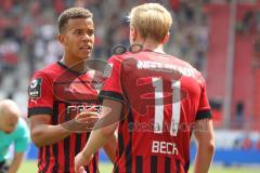 3.Liga - Saison 2022/2023 - FC Ingolstadt 04 -  1. FC Saarbrücken - Kristensen Tobias Bech (Nr.11 FCI) - Marcel Costly (Nr.22 - FCI) - Foto: Meyer Jürgen