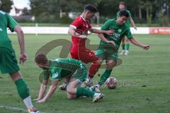 Landesliga - Saison 2024/25 - SV Manching - FSV Pfaffenhofen - Luca Oehler (Nr.3 - SV Manching) - Michael Senger rot Pfaffenhofen - Stefan Müller (Nr.7 - SV Manching) - Foto: Meyer Jürgen