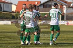 Landesliga - Saison 2025/26 - SV Manching - TSV Schwabmünchen - Marcel Posselt (Nr.12 - SV Manching) mit dem 1:1 Ausgleichstreffer - jubel  - Leon Peric (Nr.20 - SV Manching) - Johannes  Dexl (Nr.13 - SV Manching) - Daniel Schweiger (Nr.11 - SV Manching) 