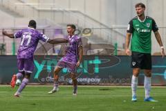 3. Liga - Saison 2026/27 - SC Preussen Münster - FC Ingolstadt 04 - Der 1:1 Ausgleichstreffer durch Emre Gül (Nr.5 - FCI) - jubel - Obed Ugondu (Nr.17 - FCI)- Foto: Meyer Jürgen