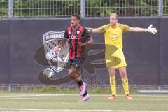 Bayernliga Nord - Saison 2024/25 - FC Ingolstadt 04 II - FC Münchberg - Der 1:1 Ausgleichstreffer durch Micah Ham (Nr.25 - FCI U21) - XXXXXLang Jonas Torwart Münchberg - jubel - Foto: Meyer Jürgen