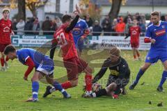 Kreisliga - Saison 2025/26- TSV Kösching - SV Zuchering - Marcel Preuß rot Zuchering -  - David Ostermeier blau Kösching links - Michael Zimmermann Torwart Kösching - Valentin Hafner blau Kösching rechts - Foto: Meyer Jürgen