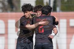 Bayernliga Nord - Saison 2025/26 - FC Ingolstadt 04 II - SpVgg Bayern Hof - Timo Hengmith  (Nr.6 - FC Ingolstadt II) schiesst den 1:0 Führungstreffer - Damian Coric links FCI  - Muhammed Artak FCI rechts-  - - jubel  - Foto: Meyer Jürgen