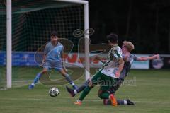 Landesliga - Saison 2025/26 - SV Manching - FC Stätzling - Rayern Kouki grün Manching - Fabian Rosner Torwart FC Stätzling  - Maximilian Pletschacher FC Stätzling  - Foto: Meyer Jürgen