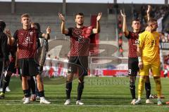 3. Liga; FC Ingolstadt 04 - SSV Ulm 1846; Sieg Jubel Freude 4:0, Spieler bedanken sich bei den Fans. Lukas Fröde (34, FCI) Julian Kügel (31, FCI) Torwart Marius Funk (1, FCI) Mladen Cvjetinovic (19, FCI)