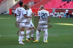 Toto Pokal - Saison 2022/2023 - FC Ingolstadt 04 - Türkspor Augsburg -  Der 1:0 Führungstreffer durch Jalen Hawkins (Nr.20 - FCI) per Elfmeter - Justin Butler (Nr.31 - FCI) - Tim Civeja (Nr.8 - FCI) - Thomas Rausch (Nr.45 - FCI) -  - Jubel - Foto: Meyer J