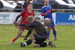 Kreisliga - Saison 2025/26- TSV Kösching - SV Zuchering - Jonas Betz blau Kösching - Leander Friedl rot Zuchering mit dem 0:1 Führungstreffer - jubel - Michael Zimmermann Torwart Kösching - Foto: Meyer Jürgen