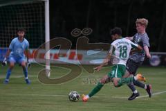 Landesliga - Saison 2025/26 - SV Manching - FC Stätzling - Rayern Kouki grün Manching - Fabian Rosner Torwart FC Stätzling  - Maximilian Pletschacher FC Stätzling  - Foto: Meyer Jürgen