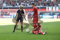 3. Liga; FC Ingolstadt 04 - SV Wehen Wiesbaden; Schiedsrichterin Yannick Deichmann (20, FCI) verletzt am Boden Max Besuschkow (17, FCI)