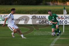 Landesliga - Saison 2024/25 - SV Manching - SV Cosmos Aystetten - Luca Oehler (Nr.3 - SV Manching) - Dominic Isufi weiss Aystetten - Foto: Meyer Jürgen