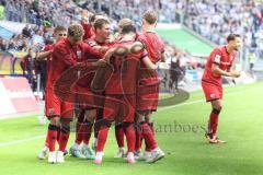 3. Liga; MSV Duisburg - FC Ingolstadt 04; Tor Jubel Treffer 0:1 Führung Davide Sekulovic (33, FCI) Jonas Scholz (15, FCI) Yann Sturm (7, FCI) Frederik Christensen (11, FCI) Gustav Christensen (24, FCI) Torwart Kai Eisele (25, FCI) Simon Lorenz (32, FCI)