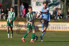 Landesliga - Saison 2025/26 - SV Manching - SV Cosmos Aystetten - Luca Oehler (Nr.3 - SV Manching) - Sebastian Kempf blau Aystetten - Foto: Meyer Jürgen