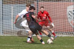 Bayernliga Nord - Saison 2025/26 - FC Ingolstadt 04 II - SpVgg Bayern Hof - Timo Hengmith  (Nr.6 - FC Ingolstadt II) schiesst den 1:0 Führungstreffer - Laurenz Skrabalek weiss Bayern Hof  - David Guyon TW Bayern Hof - jubel  - Foto: Meyer Jürgen