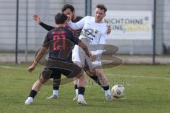 Bayernliga Nord - Saison 2025/26 - FC Ingolstadt 04 II - SpVgg Bayern Hof - Muhammed Atak (Nr.2 - FC Ingolstadt II) - Leon Haas (Nr.21 - FC Ingolstadt II) - Johann Saalfrank weiss Bayern Hof - Foto: Meyer Jürgen