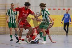 Lotto Bayern Hallencup - Saison 2024/25 - Türkisch SV Ingolstadt - SV Manching - Finale - Daniel Schweiger grün Manching - Daniel Drotleff rot Türkisch  - Johann Rybalko rot liegend Türkisch - Foto: Meyer Jürgen